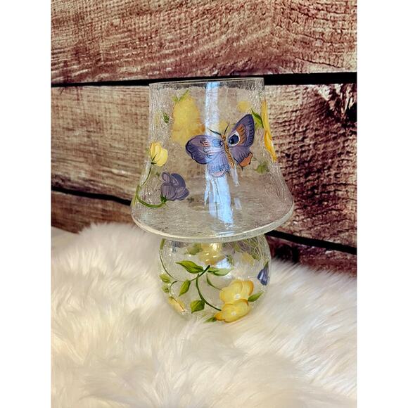Vintage Anthropologie Floral Butterfly Hand Painted Painted Glass Lamp Vase EUC - Picture 2 of 7